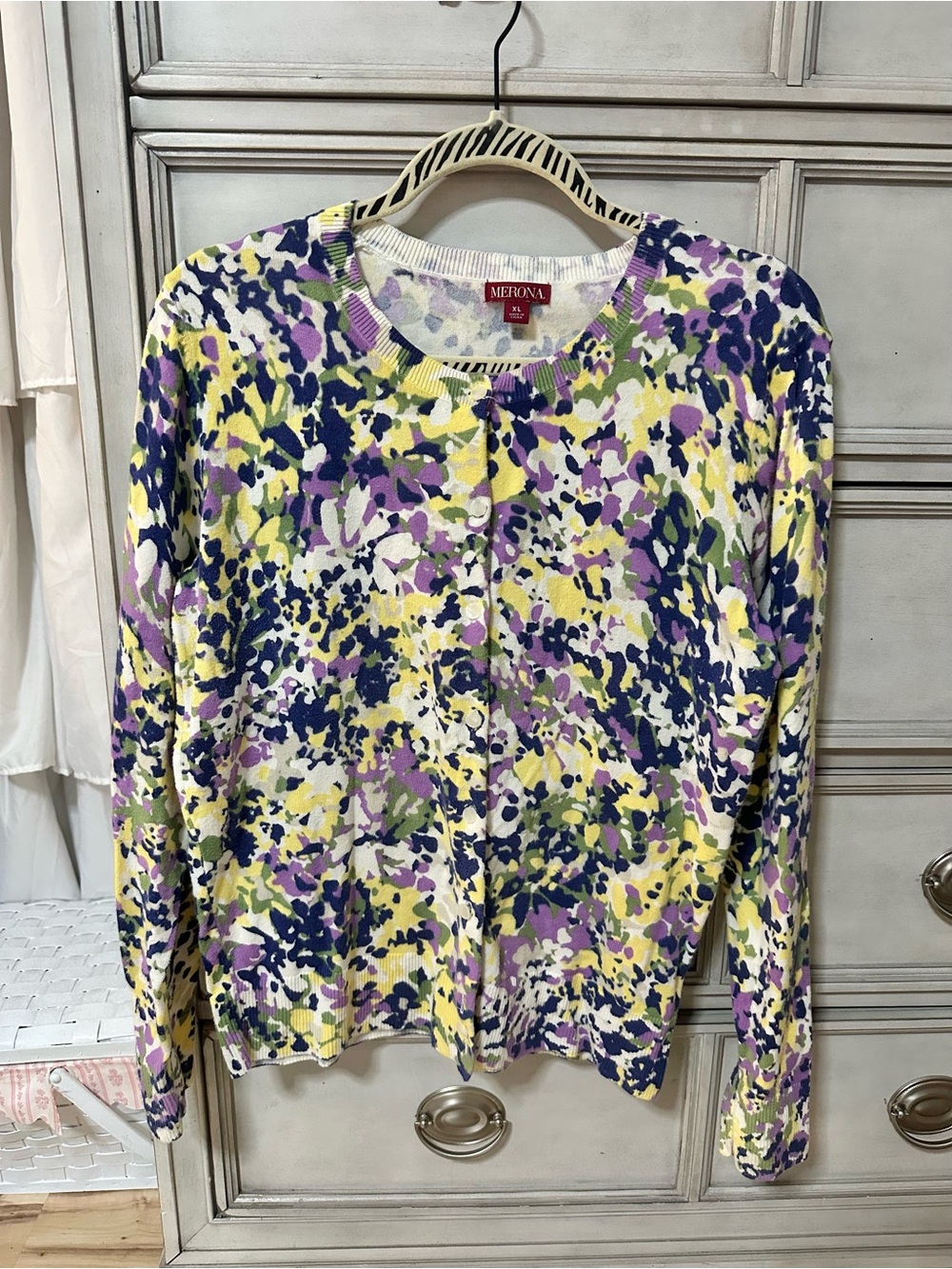 Merona Multicolor Floral-Print Crewneck Cardigan - Purple, Yellow, Navy